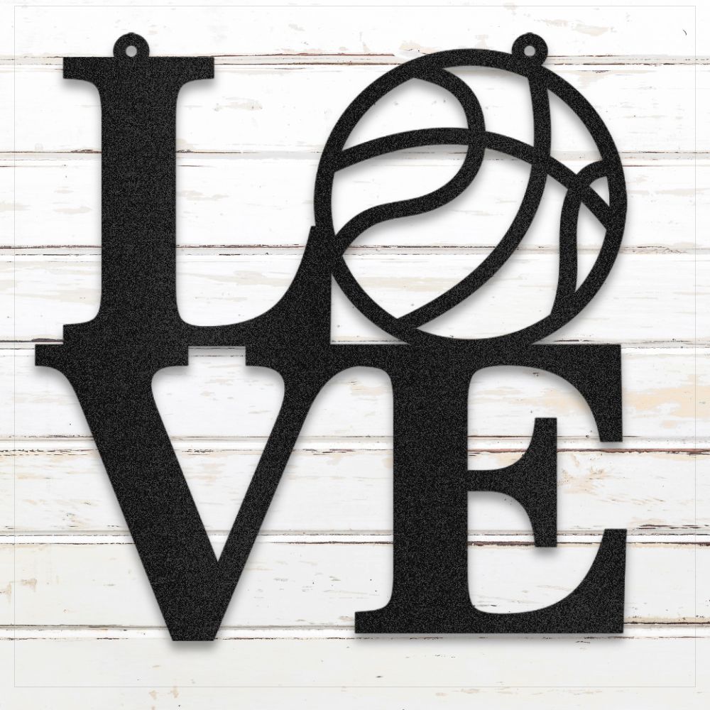 Black metal LOVE basketball wall art with hoop-themed design for sports decor | Sovereign Metalworks