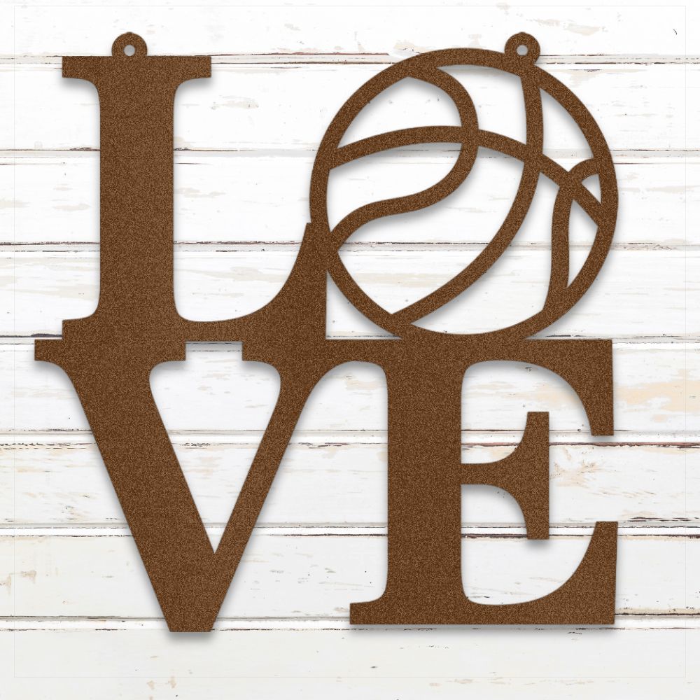 Copper metal LOVE basketball wall art with hoop-themed design for sports decor | Sovereign Metalworks