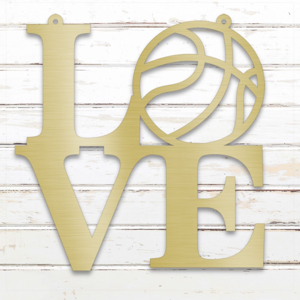 Gold metal LOVE basketball wall art with hoop-themed design for sports decor | Sovereign Metalworks
