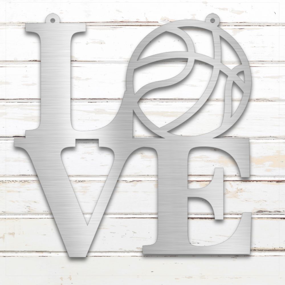 Silver metal LOVE basketball wall art with hoop-themed design for sports decor | Sovereign Metalworks