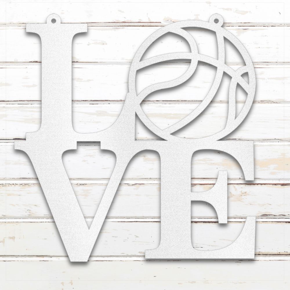 White metal LOVE basketball wall art with hoop-themed design for sports decor | Sovereign Metalworks
