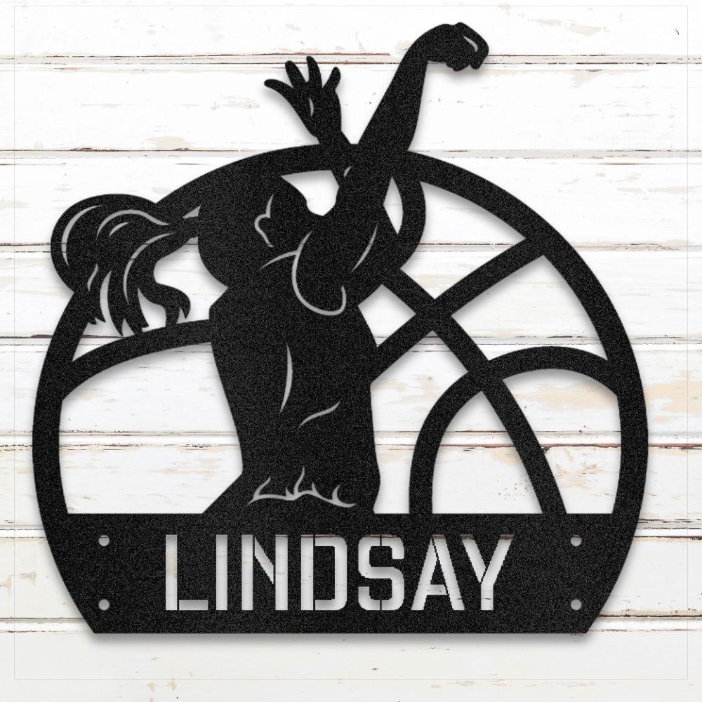 Custom name basketball sign featuring female player silhouette, perfect gift for young girls | Sovereign Metalworks