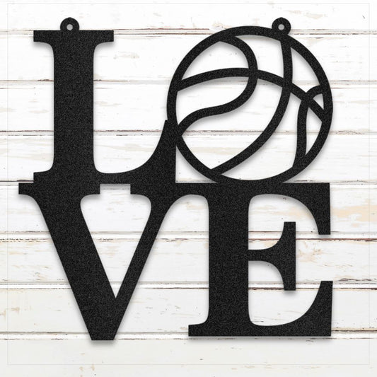 Black metal LOVE basketball wall art with hoop-themed design for sports decor | Sovereign Metalworks