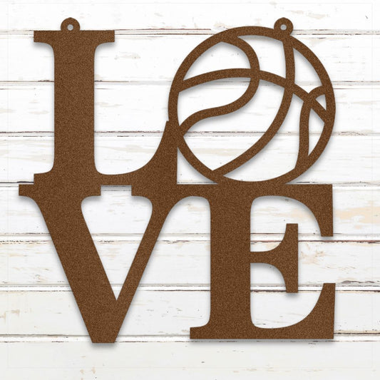 Copper metal LOVE basketball wall art with hoop-themed design for sports decor | Sovereign Metalworks