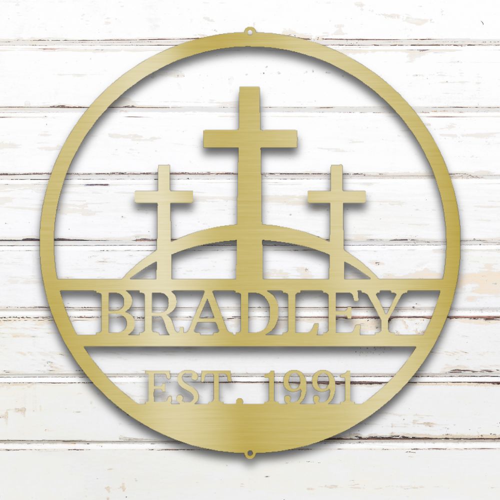 Three Crosses Metal Wall Art (Gold) | Shop Custom Metal Signs & Wall Decor | Sovereign Metalworks