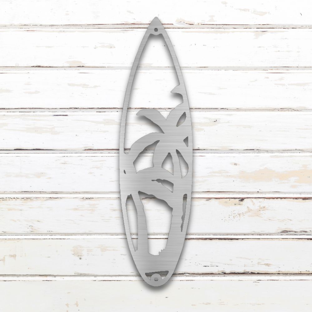 Tropical Surfboard Metal Wall Art (Silver) | Shop Custom Metal Signs & Wall Decor | Sovereign Metalworks