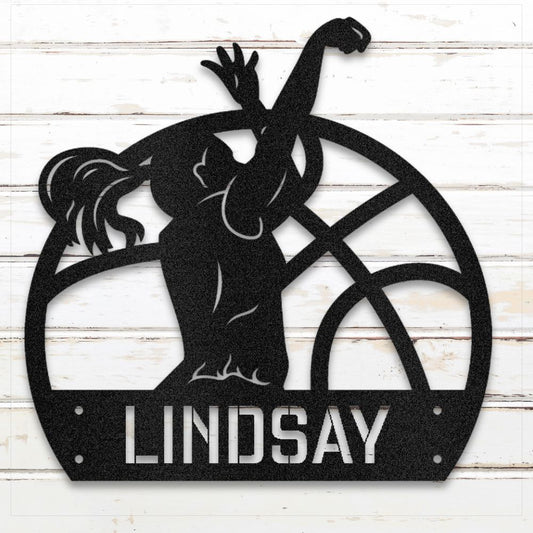 Custom name basketball sign featuring female player silhouette, perfect gift for young girls | Sovereign Metalworks