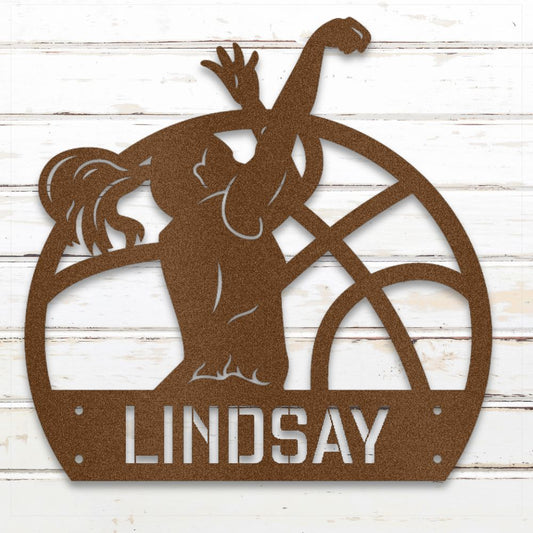 Custom name basketball sign featuring female player silhouette, perfect gift for young girls | Sovereign Metalworks
